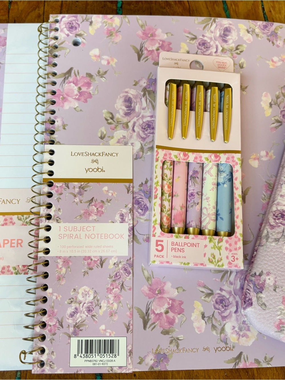 LoveShackFancy Lavender Floral Wristlet Pouch, notebook, pen bundle - Picture 2 of 3